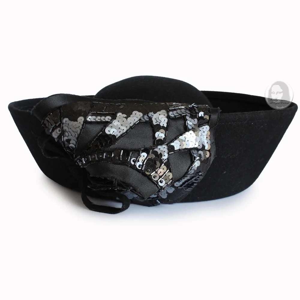 Mr. John Hat Breton Black Wool Felt Embellished Sequins Bow Formal Vintage 60s